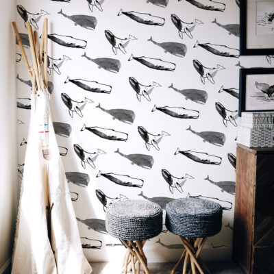 Papier peint à motif de baleines, studio vague graphique, illustrations océanniques