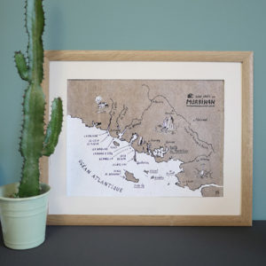 Carte sérigraphiée du Morbihan représentant les spots de surf, réalisé par Vague Graphique