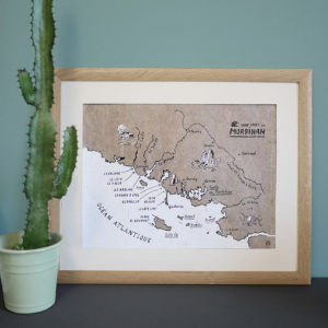 Carte sérigraphiée du Morbihan représentant les spots de surf, réalisé par Vague Graphique