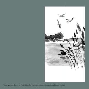 Fresque plage Morbihan, Bretagne dessinée encre de chine par le Studio Vague graphique 130 x 280 cm