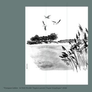 Fresque plage Morbihan, Bretagne dessinée encre de chine par le Studio Vague graphique 195 x 280 cm