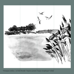 Fresque plage Morbihan, Bretagne dessinée encre de chine par le Studio Vague graphique 260 x 280 cm