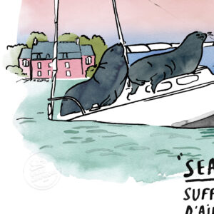 Zoom sur aquarelle, otaries à Séné, Bretagne
