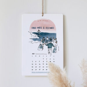 Calendrier 2024 dessiné sur le surf, mois d'août, fest noz ou fake nose