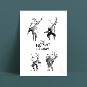 Chorégraphie d'enfilage de combinaison en néoprène, illustration signée et numérotée par le Studio Vague graphique à Lorient, Bretagne