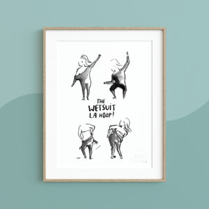 Enfiler sa combinaison de surf n'est pas chose facile, la preuve en dessin par le studio d'illustrations maritimes, vague graphique