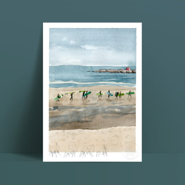 Les surfeurs à la plage de la Falaise, Guidel, dessin de surfeurs remontant la plage avec leur grosses planches.