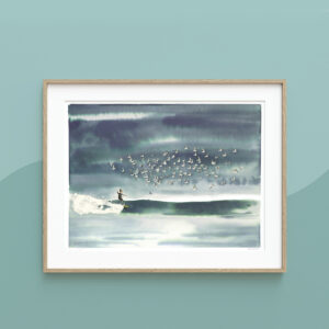 Sharing waves with seagulls, surfeuse en fake nose, tirage d'illustration du studio Vague graphique, bretagne