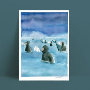 Illustration de surfeurs en hiver attendant la vague