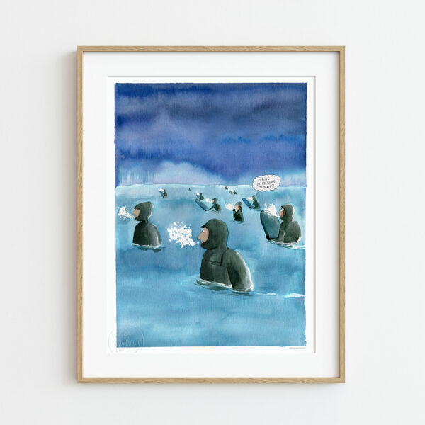 Session de surf en hiver, en combinaison cagoules et gants. Dessin de l'artiste Fanny Thauvin, Studio Vague graphique