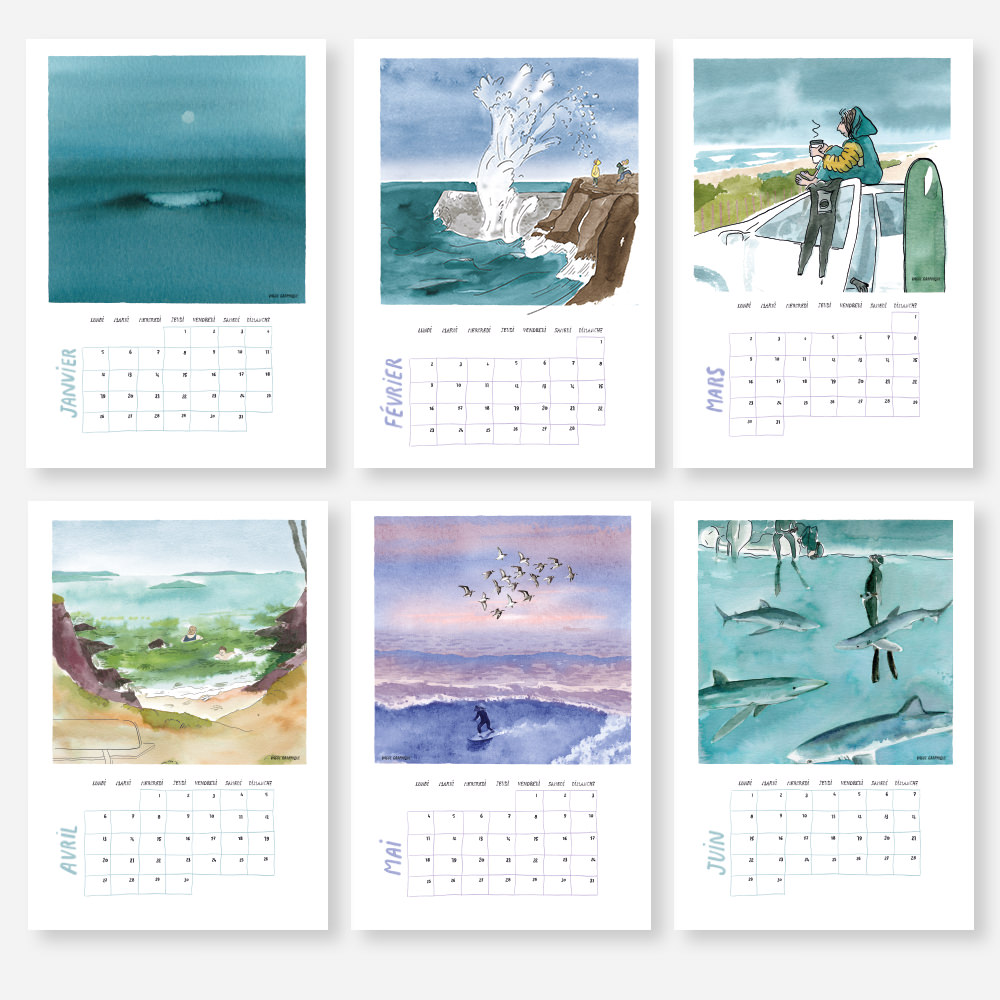 calendrier-2026-aquarelle-poesie-surf-humour calendrier créatif 2026