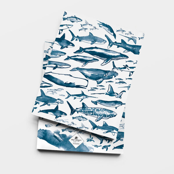 Motif de cétacés, poissons, requins, espadon, tortues, pingouins, .. pour que l'océan vous accompagne dans vos prises de note