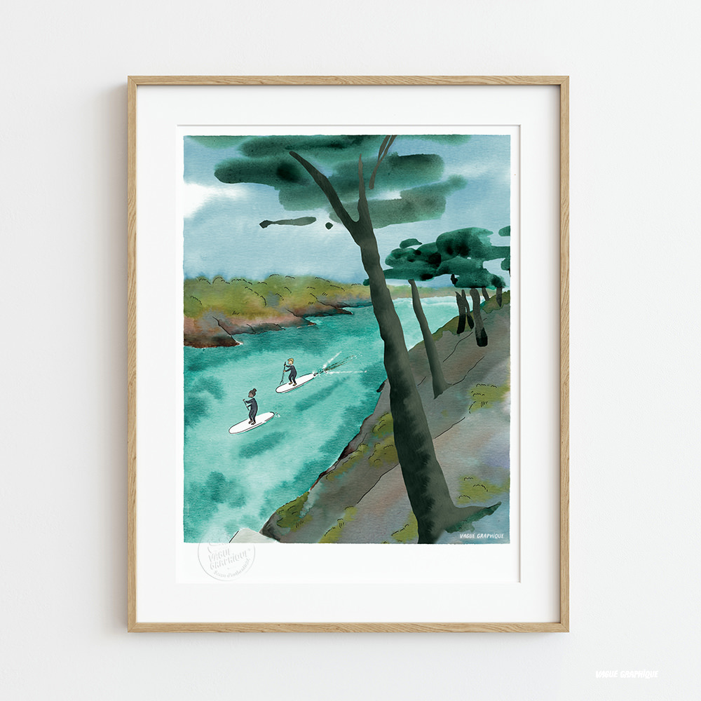 Light wood thin rectangular vertical frame hanging on a white textured wall mockup, Flat lay, top view, 3D illustration