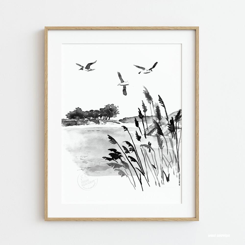 Encre de chine, petite crique par une illustratrice bretonne